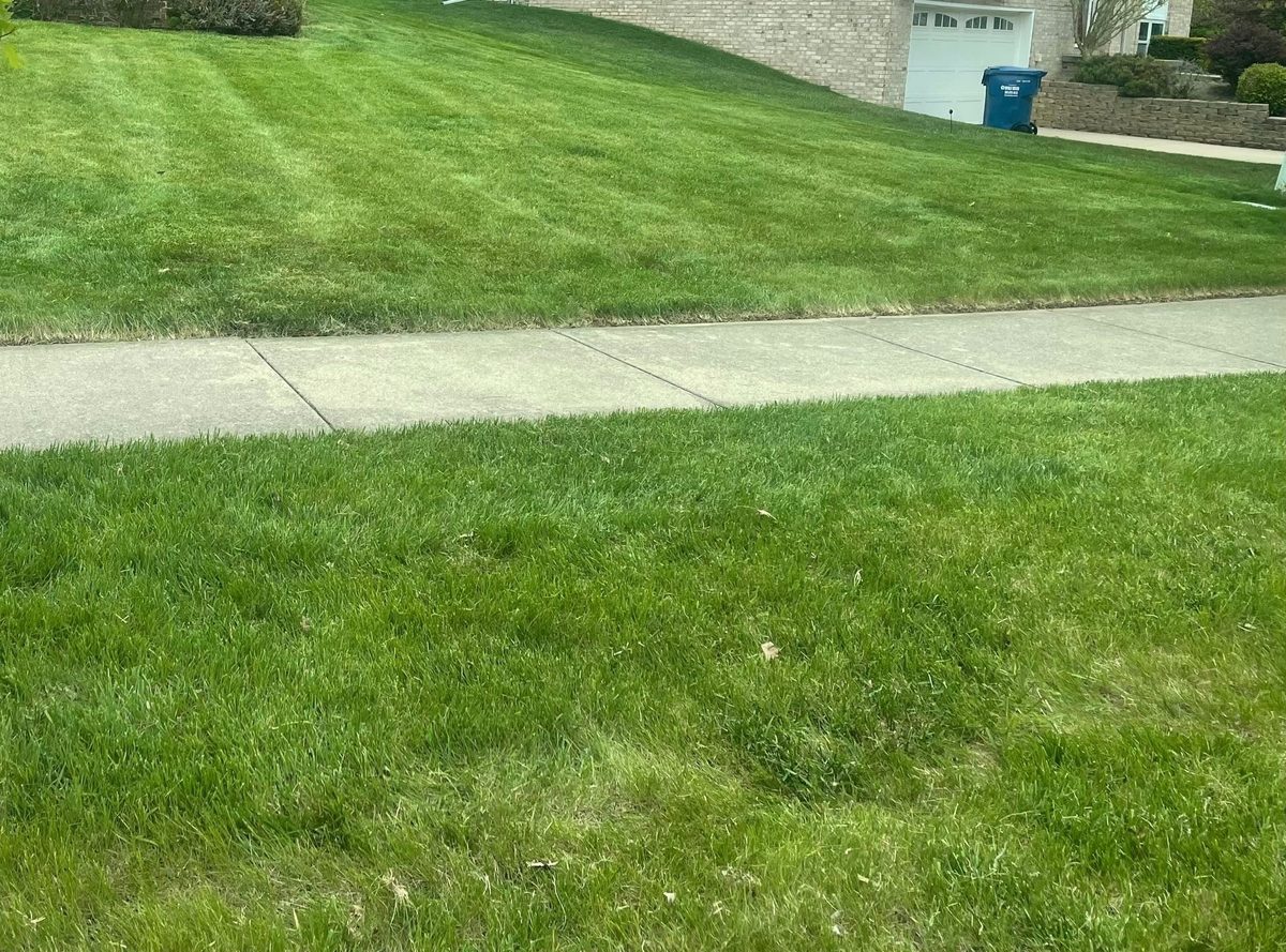 Lawn mowing result beside a driveway and garage in Clinton, Michigan